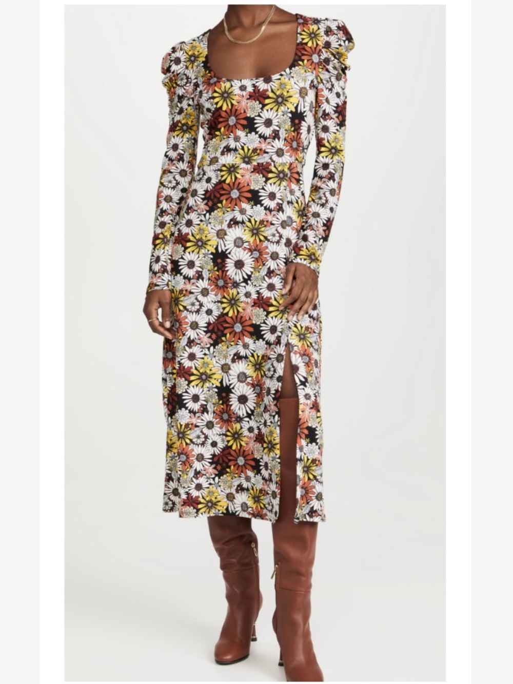 Wayf Lalia Puff Sleeve Black Daisy Stretch Midi Dress Size Large New